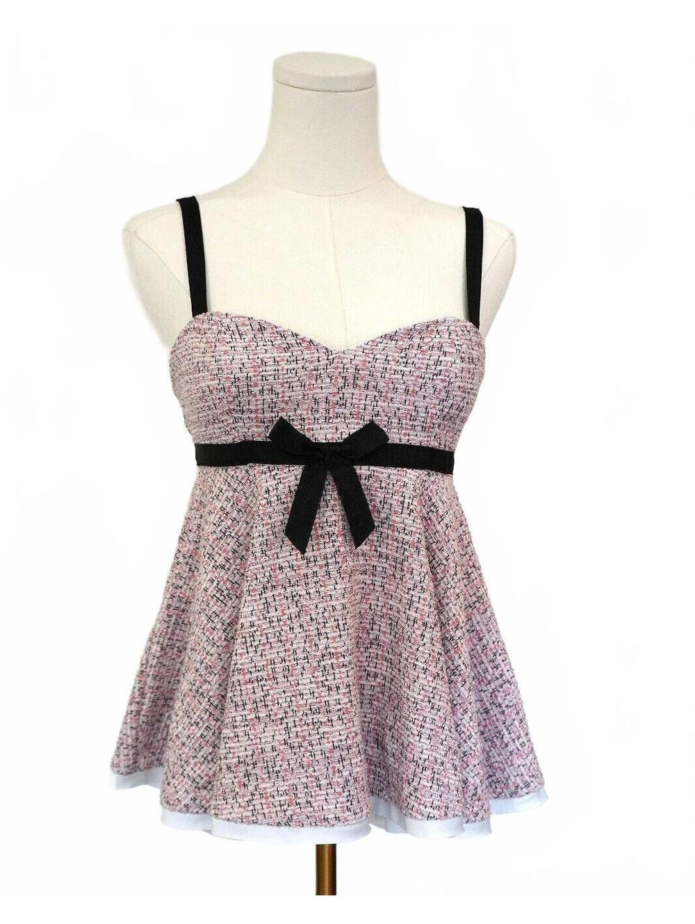Zara Peplum Tweed Babydoll Corset Bow Top Pink and Black Coquette Size S NWT